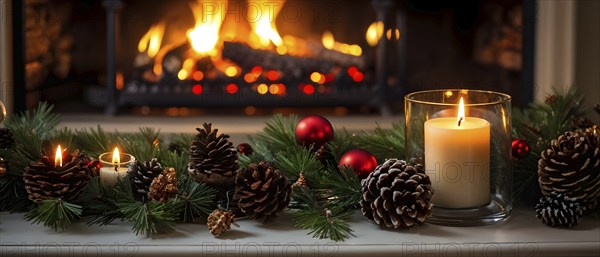 A cozy fireplace mantle decorated with pine cones, garlands, and lit candles, with a close-up focus on a burning candle flame, AI generated