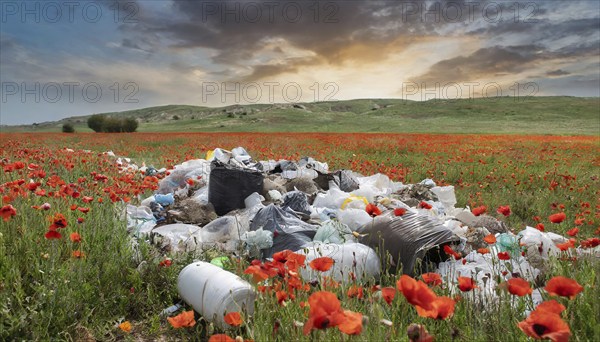 Symbolism, rubbish in the landscape, poppy field, AI-generated, AI-generated, AI generated