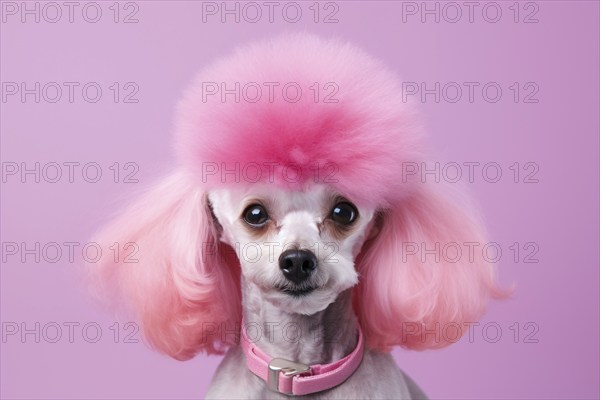 Funny poodle dog with pink dyed fur in front of studio background. KI generiert, generiert, AI generated