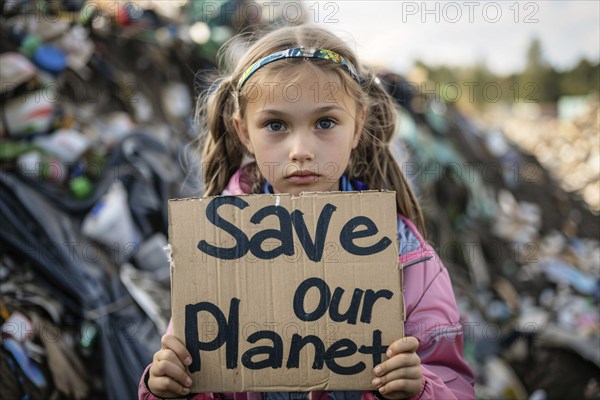 Activist with cardboard sign with text 'Save our planet' in front of blurry mountain of garbage. KI generiert, generiert, AI generated