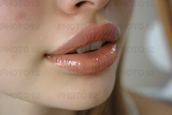 Close up of large plump lips of woman with Hyaluronic acid beauty fillers, KI generiert, generiert, AI generated