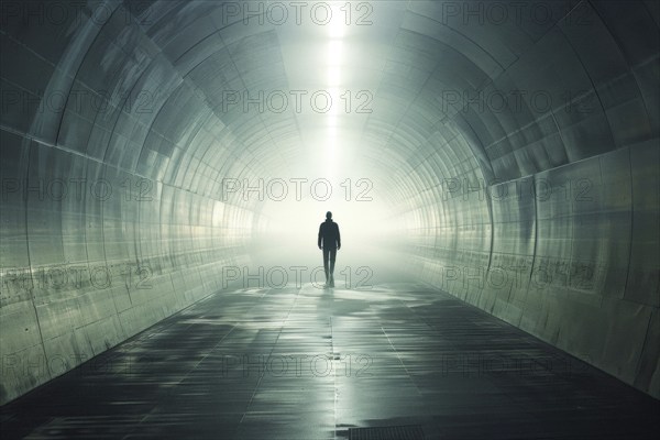 Silhouette of a man standing in a tunnel, light at the end of the tunnel, symbolic image for near-death experience, death, psychology, threat, danger, fear, trauma, parapsychology, AI generated, AI generated, AI generated