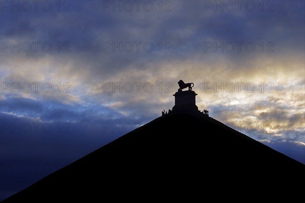 Lion's Mound at sunset, monument commemorating the ending of the Napoleonic war at Domain of the Waterloo 1815 Battlefield, Braine-l'Alleud, Belgium, Europe