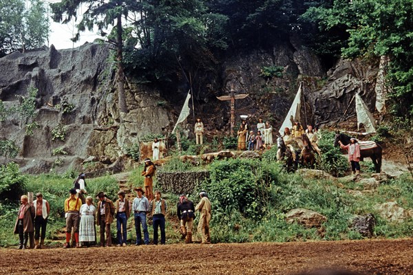 Performers in The Treasure in Silver Lake, Karl May Festival, open-air theatre Elspe, Sauerland, North Rhine-Westphalia, Germany, June 1982, vintage, retro, old, historical, Europe