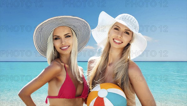 Two young woman in sun hats playing with a beach ball on the beach in the Caribbean