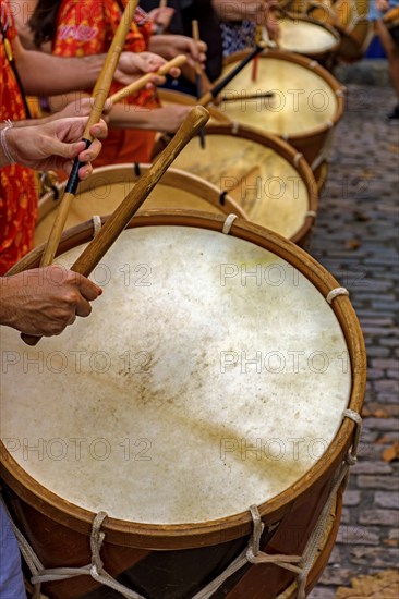 Group of percussionists and their drums on the streets of Recife during brazilian Carnival, Recife, Pernambuco, Brazil, South America