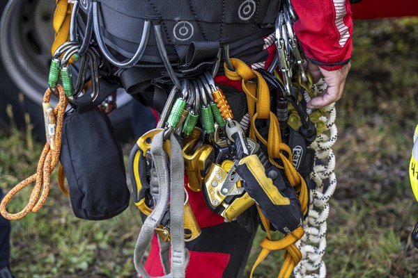 Equipment of the height rescuers of the Gelsenkirchen fire brigade, practising abseiling from a wind turbine from a height of 110 metres after rescuing an accident victim from the nacelle, Gladbeck, North Rhine-Westphalia, Germany, Europe