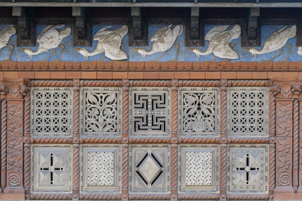 Historic façade with decorative bird reliefs and geometric patterns, Carlsberg Museum, Carlsbergbygen, Carlsberg neighbourhood, Valby, Copenhagen, Denmark, Europe