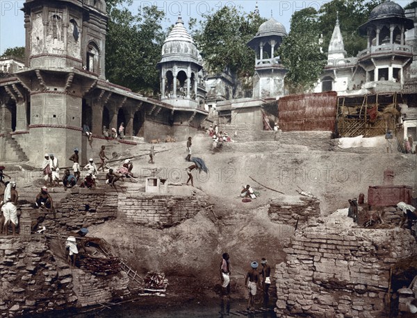 Benares, Varanasi. Burning Ghat, India, digitally restored reproduction from a 19th century original, record date not stated, India, digitally restored reproduction from a 19th century original, record date not stated, Asia