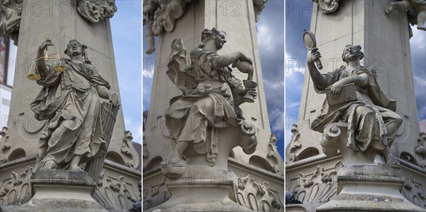 Figure of Justice, Temperance and Wisdom at the four tubular fountain, 1733, Würzburg, Lower Franconia, Bavaria, Germany, Europe