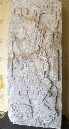 Stela of a ruler dressed as warrior, museum of Mayan Archaeology, Campeche city, Mexico, Central America