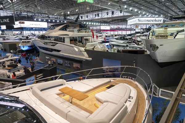 Large yachts, luxury yachts, in Hall 6 of BOOT 2024, the world's largest yacht and water sports trade fair in Düsseldorf, North Rhine-Westphalia, Germany, Europe