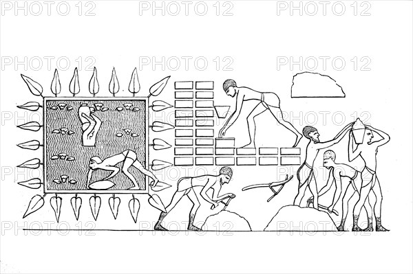 Ancient Egyptian prisoners of war making bricks, ca 1400 BC, Egypt, Historical, digital reproduction of an original from the 19th century, Africa