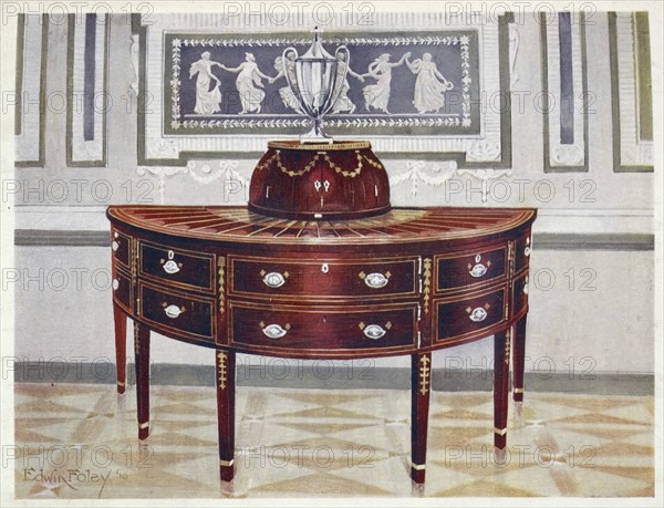 Furniture from the turn of the century 1900, Semi-circular mahogany sideboard and knife-box. Inlaid and banded with satinwood, mahogany, and ebony (1910, 1911), Semi-circular mahogany sideboard and knife-box. Inlaid and banded with satinwood, mahogany, and ebony (1910, 1911) .jpg