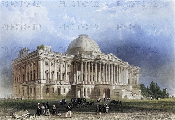 Main facade of the Capitol Building Washington USA, From a nineteenth century engraving by R. Brandard after W. H. Bartlett, Historic, digitally restored reproduction from a nineteenth century original, Record date not stated