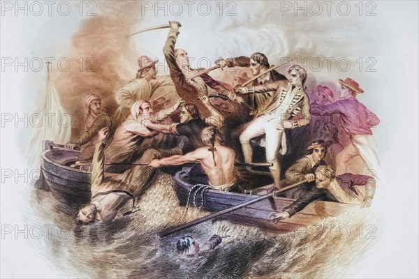 Desperate encounter in gunboats between Nelson and Don Miguel Tyrason, 1797, Naval battle at Cape St Vincent, Historical, digitally restored reproduction from a 19th century original, Record date not stated