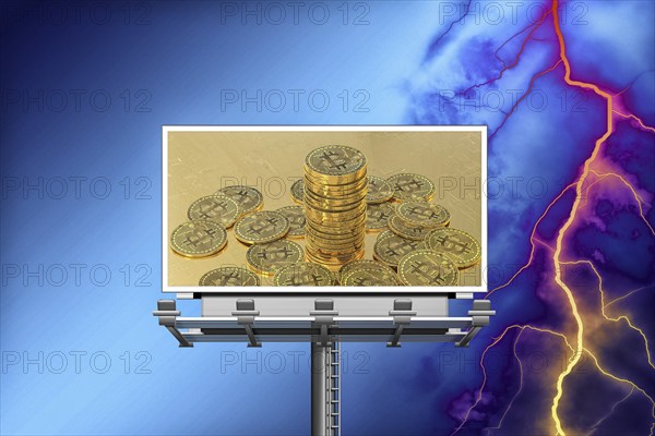 Symbolic image, Bitcoin on billboard, storm, questionable vision of the future, stock market prices, insecure digital currency, resources, energy, industry, economy critical, stock market hype, stock market crash, payment, insolvency, wrong decisions, maximum profit, profit slump, share prices, Germany as a business location, global economy, globalisation, environmental protection, mafia, Trump government, Bitcoin rally, cryptocurrency, electronic wallet, crypto reserve, price development, stock market trading