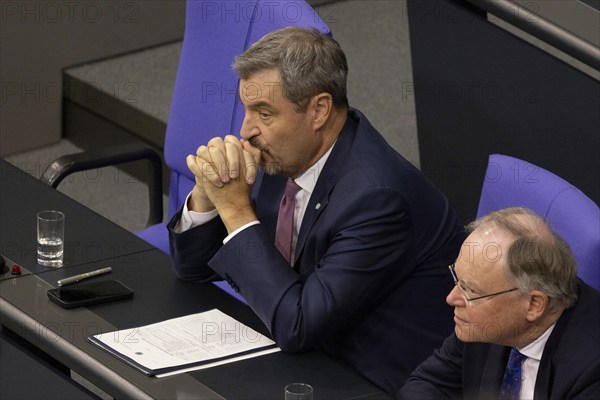 Markus Söder (Minister President of the Free State of Bavaria and Chairman of the CSU) and Stephan Weil (Minister President of Lower Saxony, Chairman of the SPD Lower Saxony) during the government statement on the current situation in the Bundestag on 13 November 2024