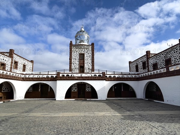 View of inner courtyard of building complex of lighthouse Faro de la Entallada from 50s year 1953 1954 with large glass dome, Las Playitas, Tuineje, Las Palmas, Fuerteventura, Canary Islands, Spain, Europe