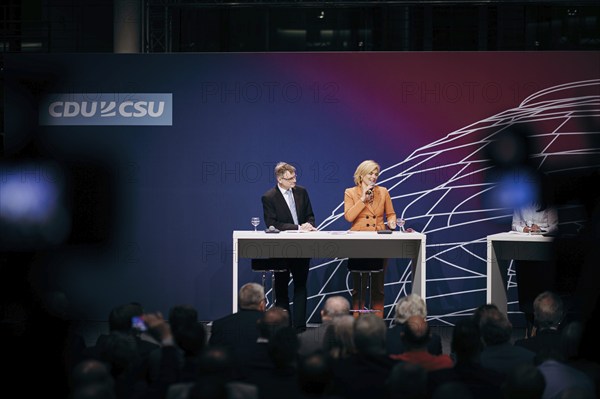 Julia Klöckner, Federal Treasurer of the CDU and Stefan Kooths, German economist, recorded at the event, Wir hören zu | Gipfel der CDU/CSU-Fraktion I Wirtschaftswende für Deutschland at the German Bundestag in Berlin, 1 February 2024