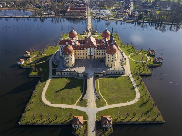 Moritzburg Castle is located in the municipality of Moritzburg near Dresden. The hunting lodge, which dates back to a 16th century hunting lodge, was given its present form in the 18th century under Augustus the Strong, Moritzburg, Saxony, Germany, Europe