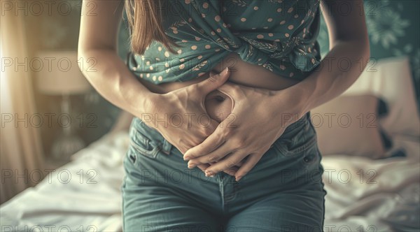 A woman is holding her stomach, stomach pain during menstruation or constipation or other illness, AI generated