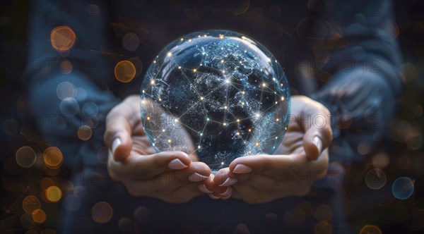 A man is holding a globe with a network of lines surrounding it. Concept of interconnectedness and the importance of global communication, AI generated