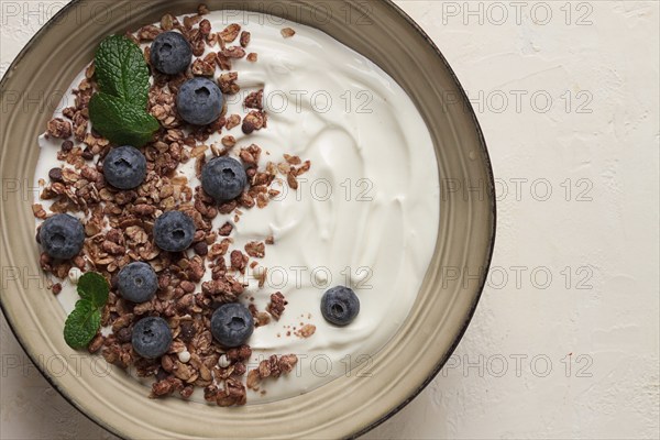 Yogurt with chocolate muesli, with berries, blueberries, breakfast, close-up, fork on top, no people