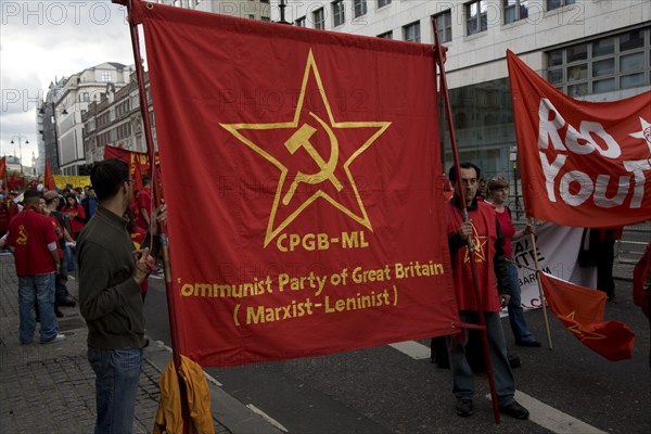 May Day march and rally at Trafalgar Square, London, England, UK May 1st, 2010 Communist Party of Great Britain Marxist Leninist banner