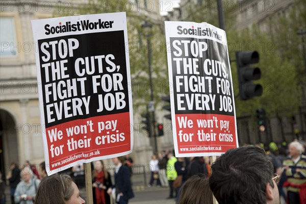 May Day march and rally at Trafalgar Square, London, England, UK May 1st, 2010 Socialist Worker placards