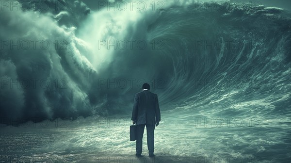 Disheartened businessman standing on the shore in the midst of approaching turbulent crashing waves. feeling of overwhelming demands and impending doom, generative AI, AI generated