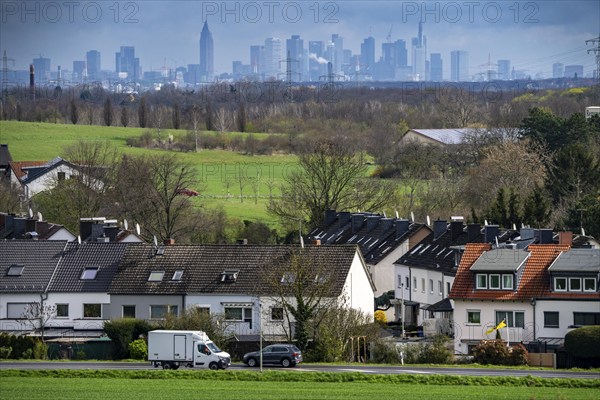 View from the village of Weilbach, a district of Flörsheim am Main in the Main-Taunus district of southern Hesse, to the skyline of Frankfurt am Main, Hesse, Germany, 17 kilometres away as the crow flies, Europe