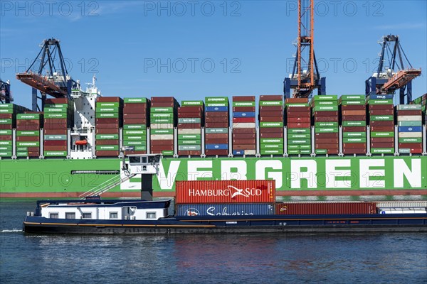 Europoort, Port of Rotterdam, Evergreen Reederei Container ship Ever Ace, currently the third largest container freighter in the world, with up to 24, 000 TEU, at Euromax Container Terminal, container barge, Netherlands