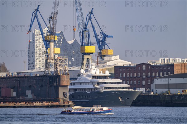 Port of Hamburg, Blohm + Voss shipyard, mega yacht Radiant, being converted and extended, Blohm + Voss Dock 6, Hamburg, Germany, Europe