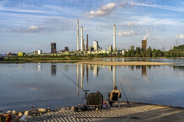 Industrial backdrop of the ThyssenKrupp Steel steelworks in Bruckhausen, on the Rhine, Schwelgern coking plant, anglers in a bay in the Rhine near Duisburg Bärl, Duisburg, North Rhine-Westphalia, Germany, Europe