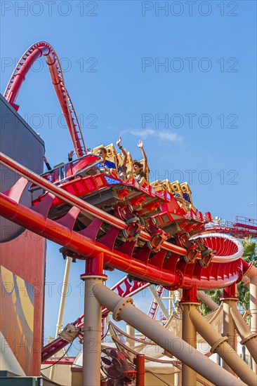 Park guests riding the Hollywood Rip Ride Rockit roller coaster at Universal Studios in Orlando, Florida, USA, North America