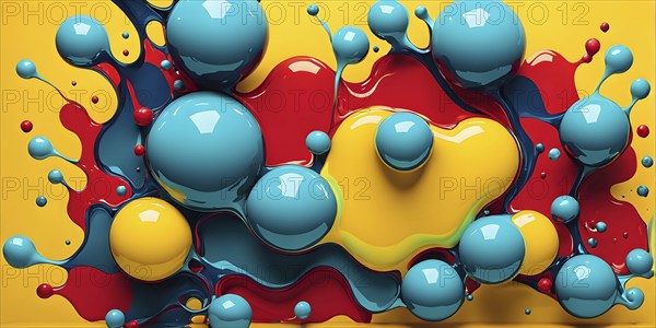 Abstract image with vibrant blue and red blobs and liquid shapes on a yellow background, AI generated