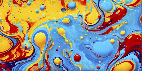 Abstract image with vibrant blue and red blobs and liquid shapes on a yellow background, AI generated