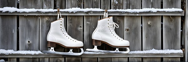 Pair of vintage ice skates hanging by their laces on an old wooden fence with frost and snow gently settled on the blades, AI generated