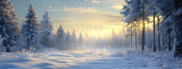 Peaceful snowy forest clearing at dawn with snow softly blanketing the ground and frost-covered pine trees, AI generated