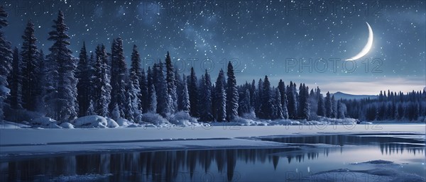 Tranquil winter night scene with a crescent moon and stars shining brightly over a frozen lake, with a line of snow-covered pine trees reflected in the lake, AI generated