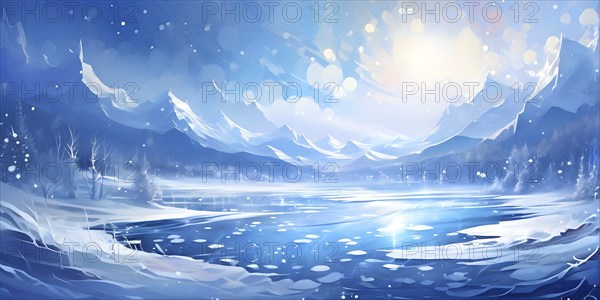 Abstract illustration of dreamy, icy landscape with swirling blues, whites, and silvers, evoking the feeling of a cold winter's breeze, AI generated