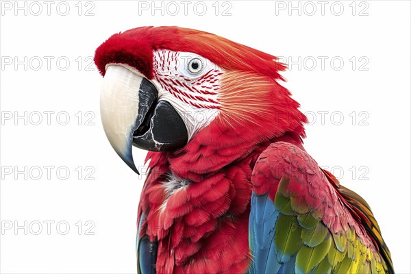 Head of red Macaw parrot bird on white background. Generative Ai, AI generated