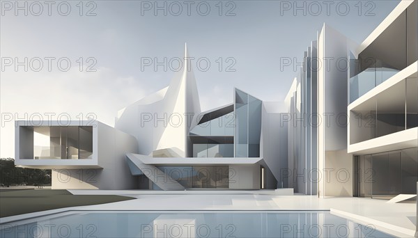 Minimalist architectural composition of modern buildings, with clean angles, rendered in geometric forms and soft hues of grey, cream, and light blue, AI generated