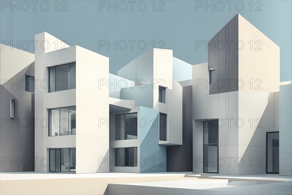 Minimalist architectural composition of modern buildings, with clean angles, rendered in geometric forms and soft hues of grey, cream, and light blue, AI generated