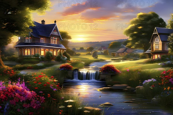 AI generated illustration of colorful countryside houses nestled in a spring or summer scenery with blooming flowers