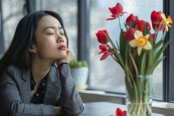 A businesswoman sits dozing at a table, next to her is a vase of flowers with tulips and daffodils, a symbolic image for spring tiredness, AI generated, AI generated, ai generated, AI generated