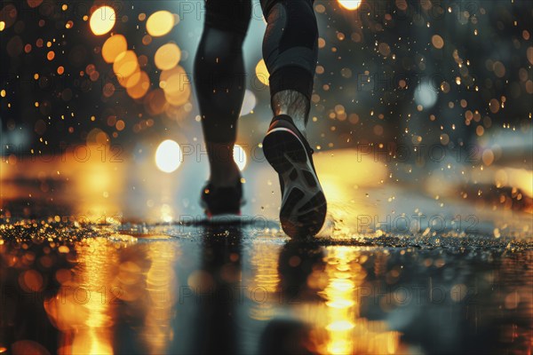 A jogger runs along a road at night in rainy weather, accident risk, risk sport, AI generated, AI generated, AI generated