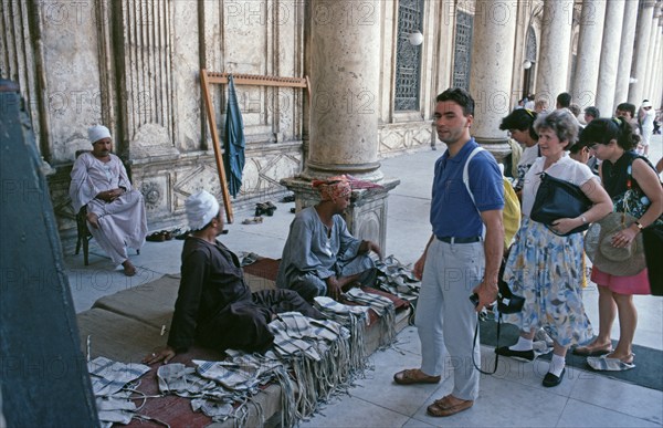 Cloth shoes are offered to wear, Muhammad Ali Mosque also called Alabaster Mosque, Citadel of Saladin, Cairo, Egypt, September 1989, vintage, retro, old, historical, Africa