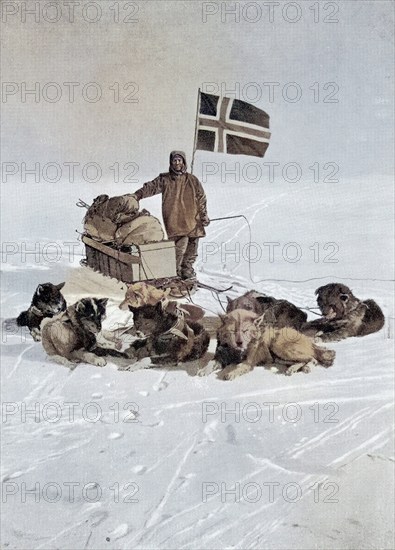 Captain Roald Engelbregt Gravning Amundsen 1872 to 1928 At the South pole under the Norwegian flag Norwegian explorer of the polar regions From the book The Year 1912 illustrated published London 1913, Historic, digitally restored reproduction from a 19th century original, Record date not stated